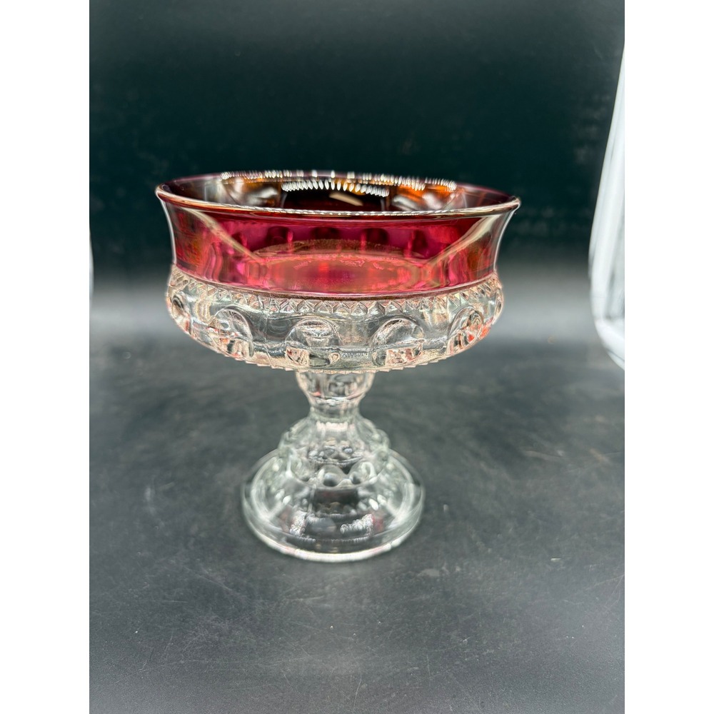 Vintage‎ Ruby Stained Flash Glass Compote Pedestal Candy Dish Clear Pressed Base